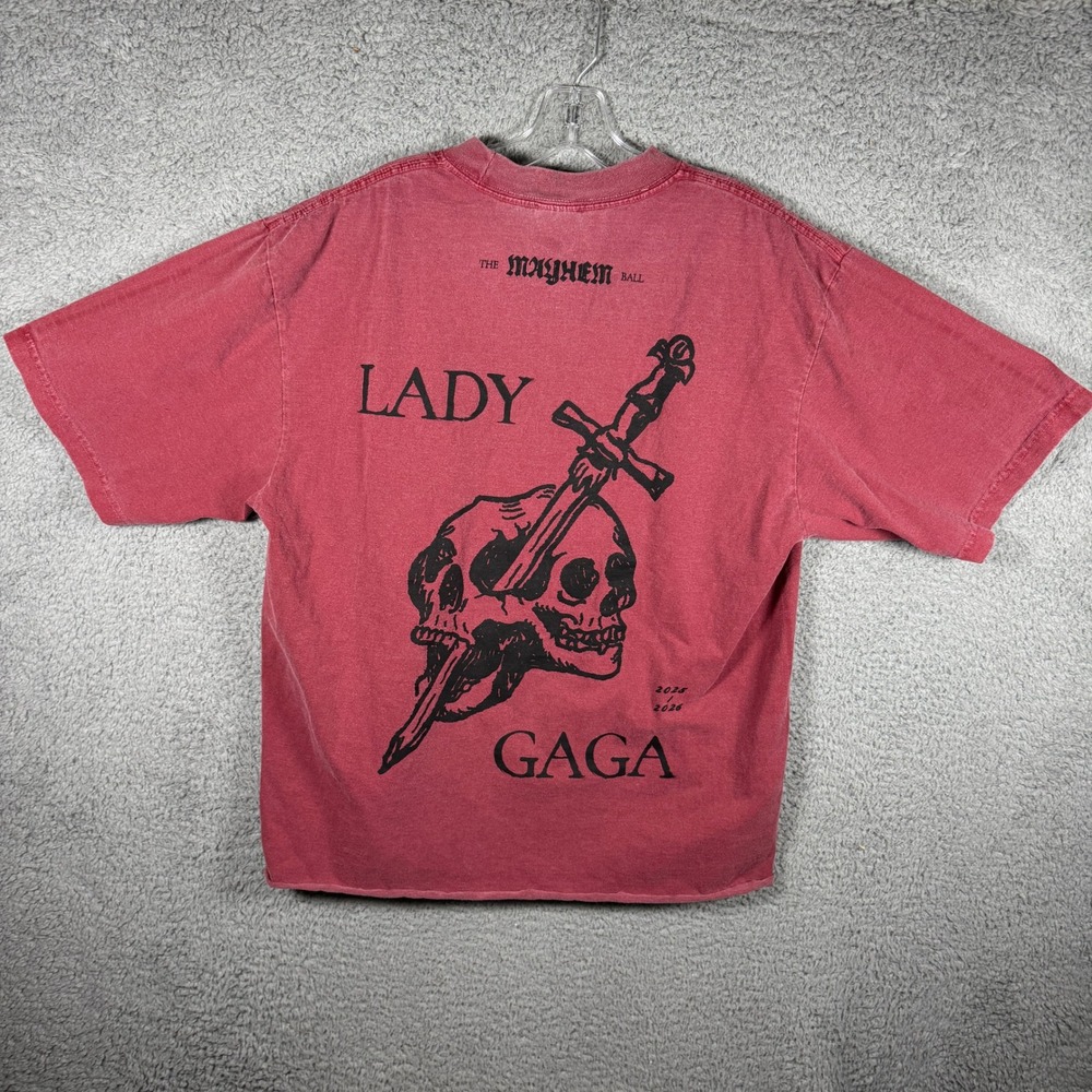 Lady Gaga The Mayhem Ball Tour 2025 2026 Red Graphic T-Shirt Mens Large Raw Hem